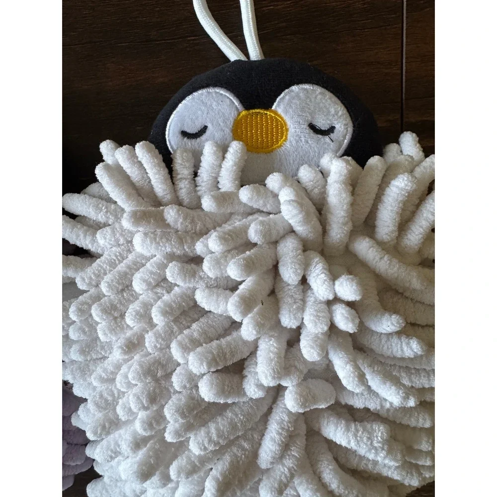 Set of 2 Penguin Chenille Microfiber Hand Towels Purple White Hanging Loops